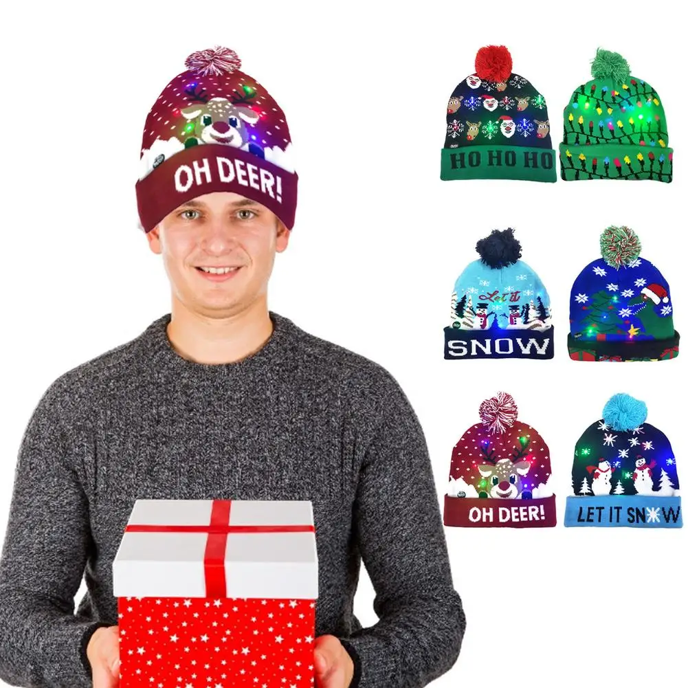 

LED Light-up Christmas Hats Xmas Santa Ugly Hat Beanies Colorful Lights Flashing Cap for New Year Party Christmas Decoration