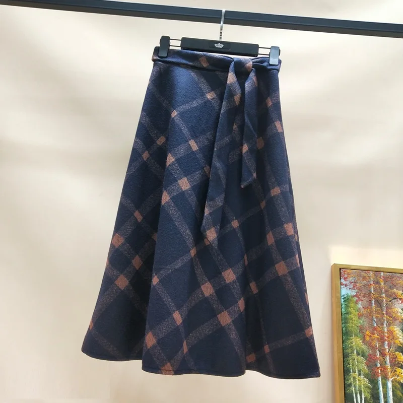 Autumn Winter High waist umbrella skirt a word skirt wild waist woolen female Flared new poncho skirt Plaid Long skirt
