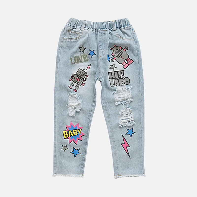 

Лидер продаж 2020 года; Новые детские джинсовые штаны для девочек; Повседневные рваные джинсы с вышитыми буквами в стиле пэчворк для больших д...