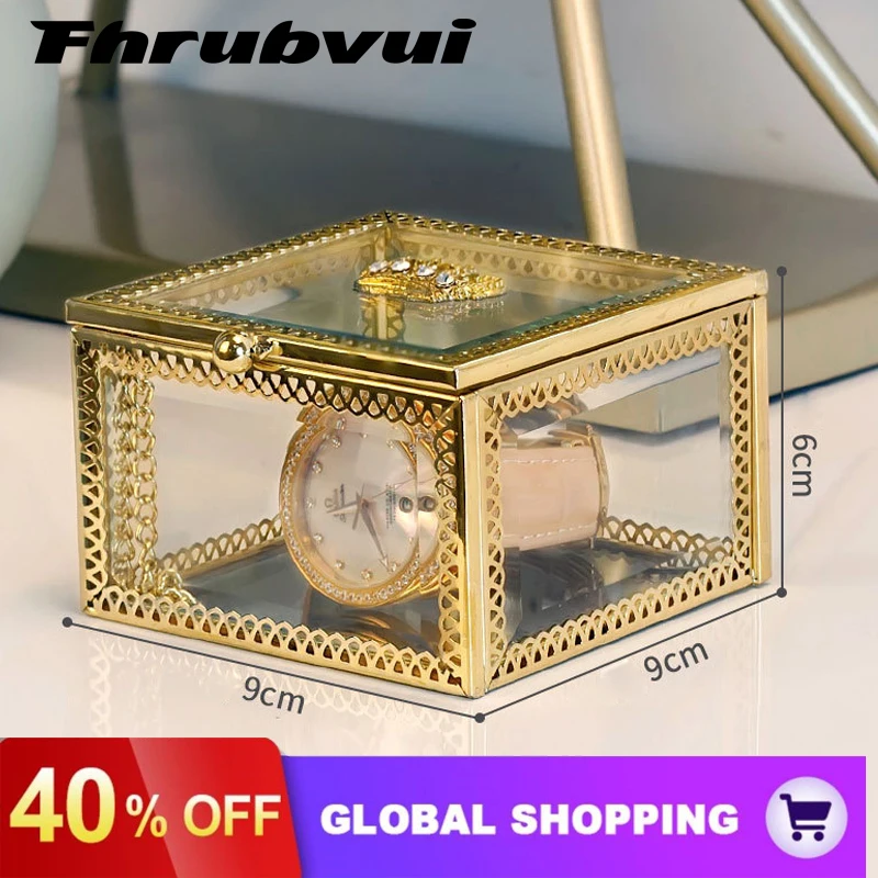 

Luxury Clear Jewelry Storage Box Countertop Makeup Organizer Rangement See Through Vintage Gold Glass Keepsake Gift Box