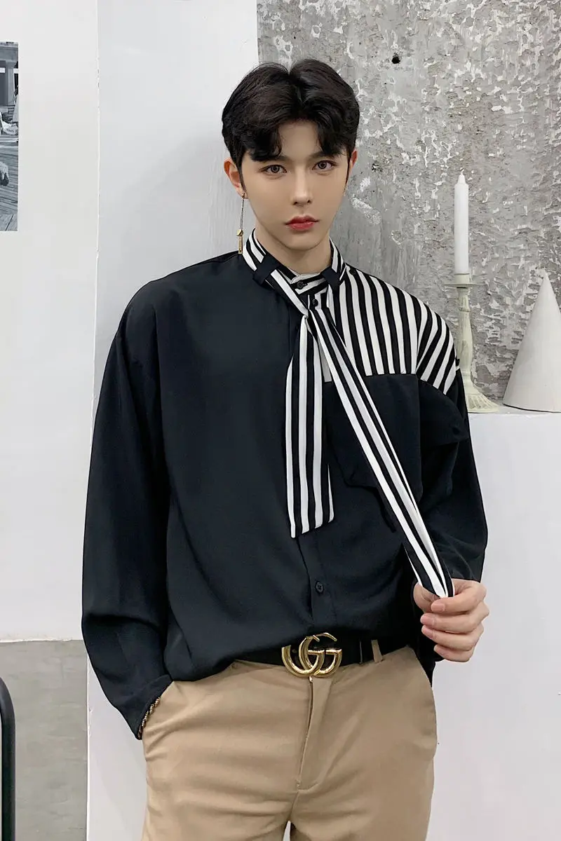 

2020 Spring And Autumn New Youth Popular Striped Stitching Structure Long-sleeved Shirt Fashion Casual Shirt Jacket Black/white