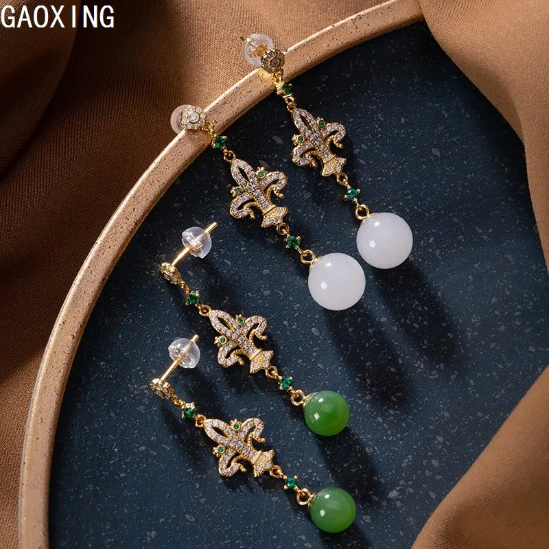 

S925 Sterling Silver Gold-Plated Crown Ladies Earrings Hetian Jade Noble Temperament Earrings Luxury Party Gift