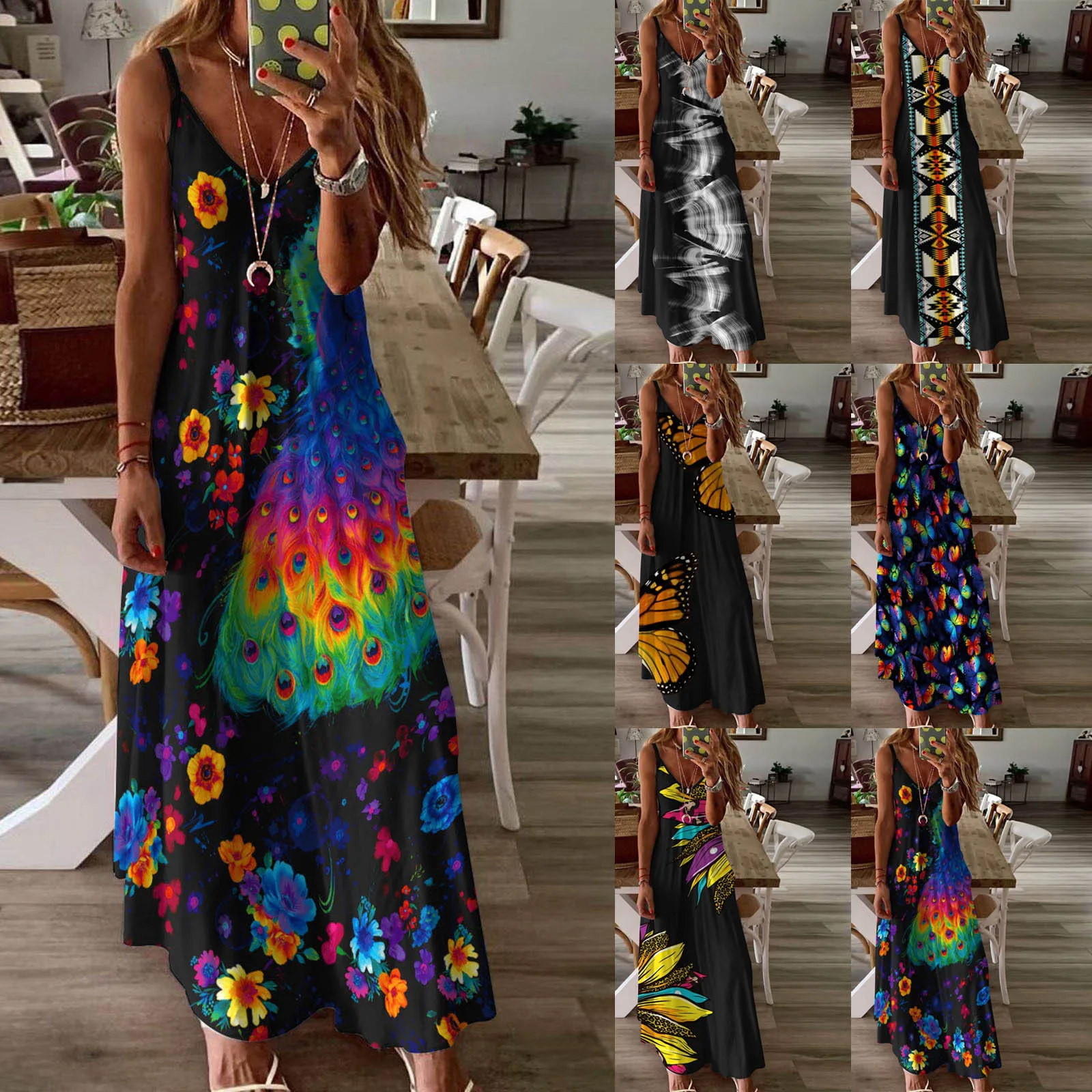 

Women Dress Summer 2022 Vogue Printed Sleeveless V-neck Maxi Dress Party Beach Boho Strap Dress Pockets Elegant Loose Long Dress