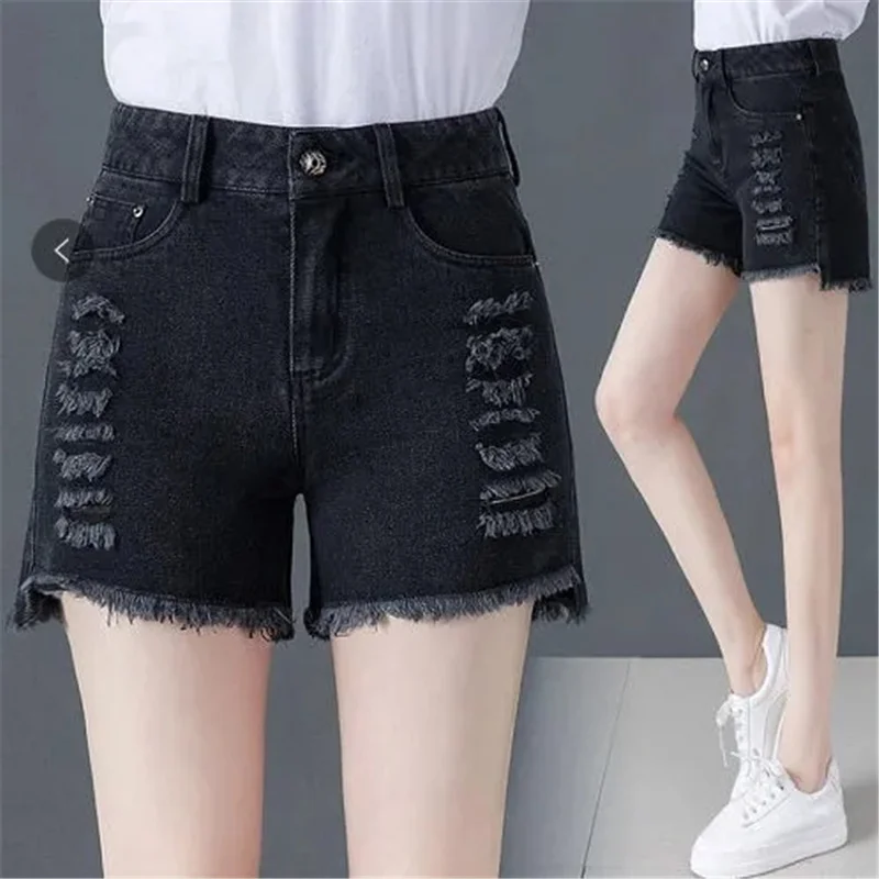 

Black Ripped Denim Shorts Women Summer 2021 New High Waist Stretch Casual Wild Hole Jeans Student Pant Thin 309