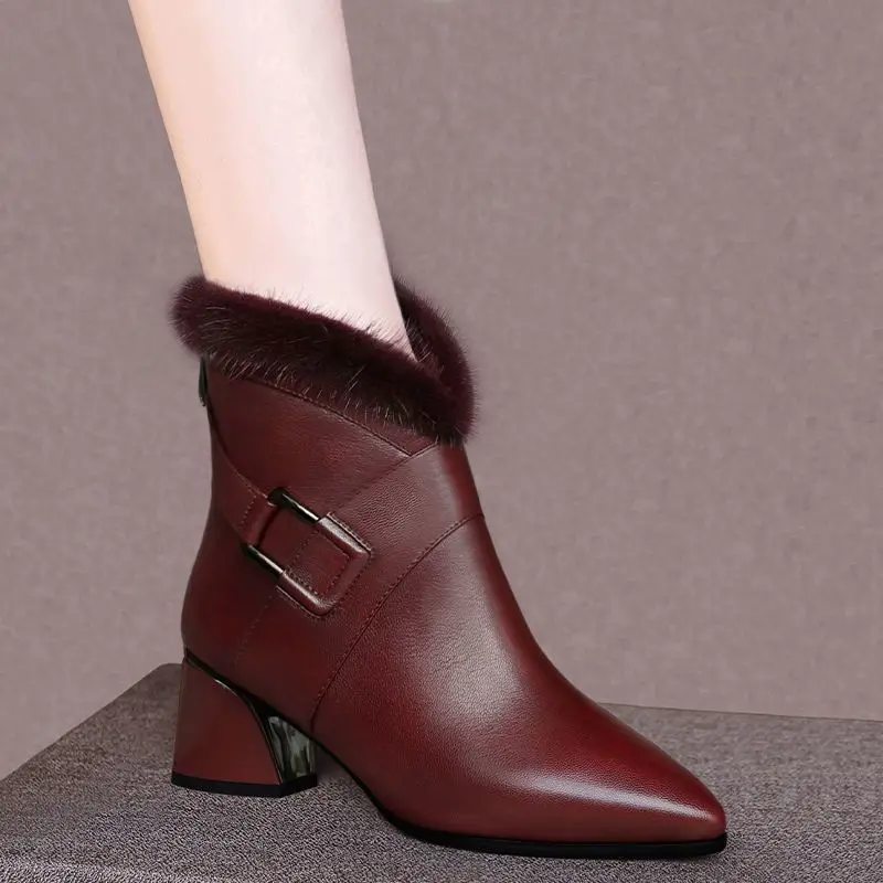 

FHANCHU 2021 Soft Leather Short Boots Woman,Warm Winter Shoes,Ankle Botas,Block Heel,Back Zip,Pointed Toe,Brown,Black,Dropship