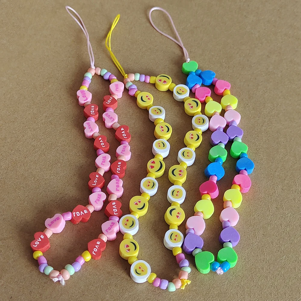 ZX Handmade Love Heart & Smiling Face Soft Pottery Beaded Phone Chain Spring Color Cute Anti-lost Cell Phone Case Hanging Cord