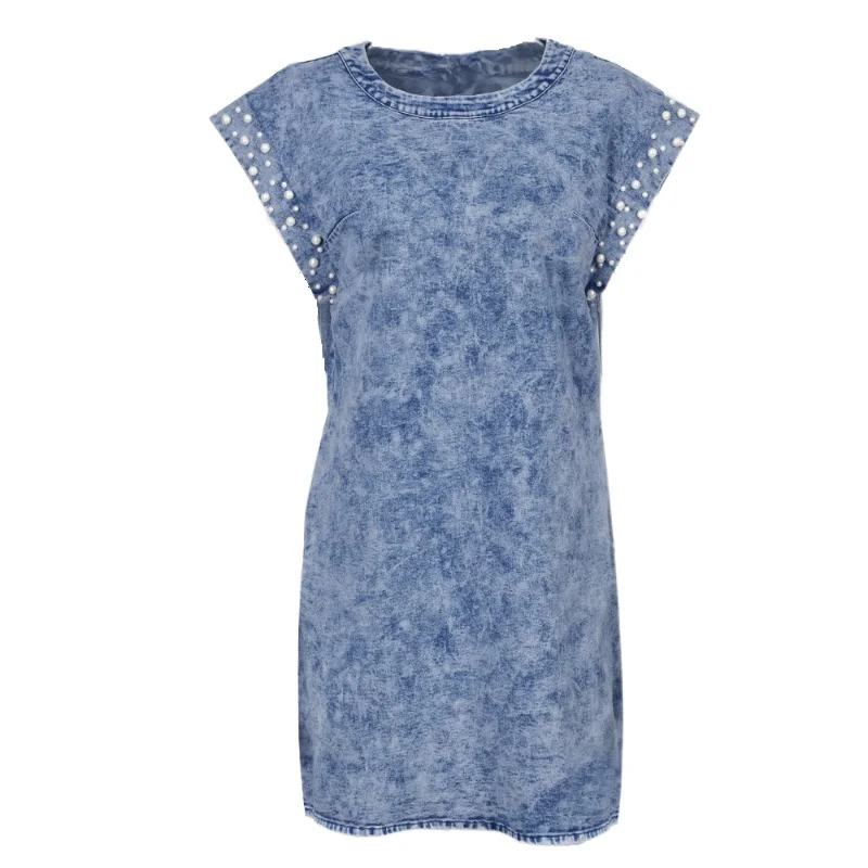 

2021 Summer Sleeveless Loose Elastic Bubble Bead Denim Skirt Dress Women