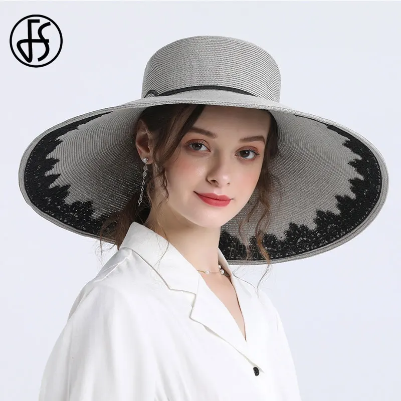 Женская Соломенная шляпка от солнца FS складная пляжная с широкими полями черная