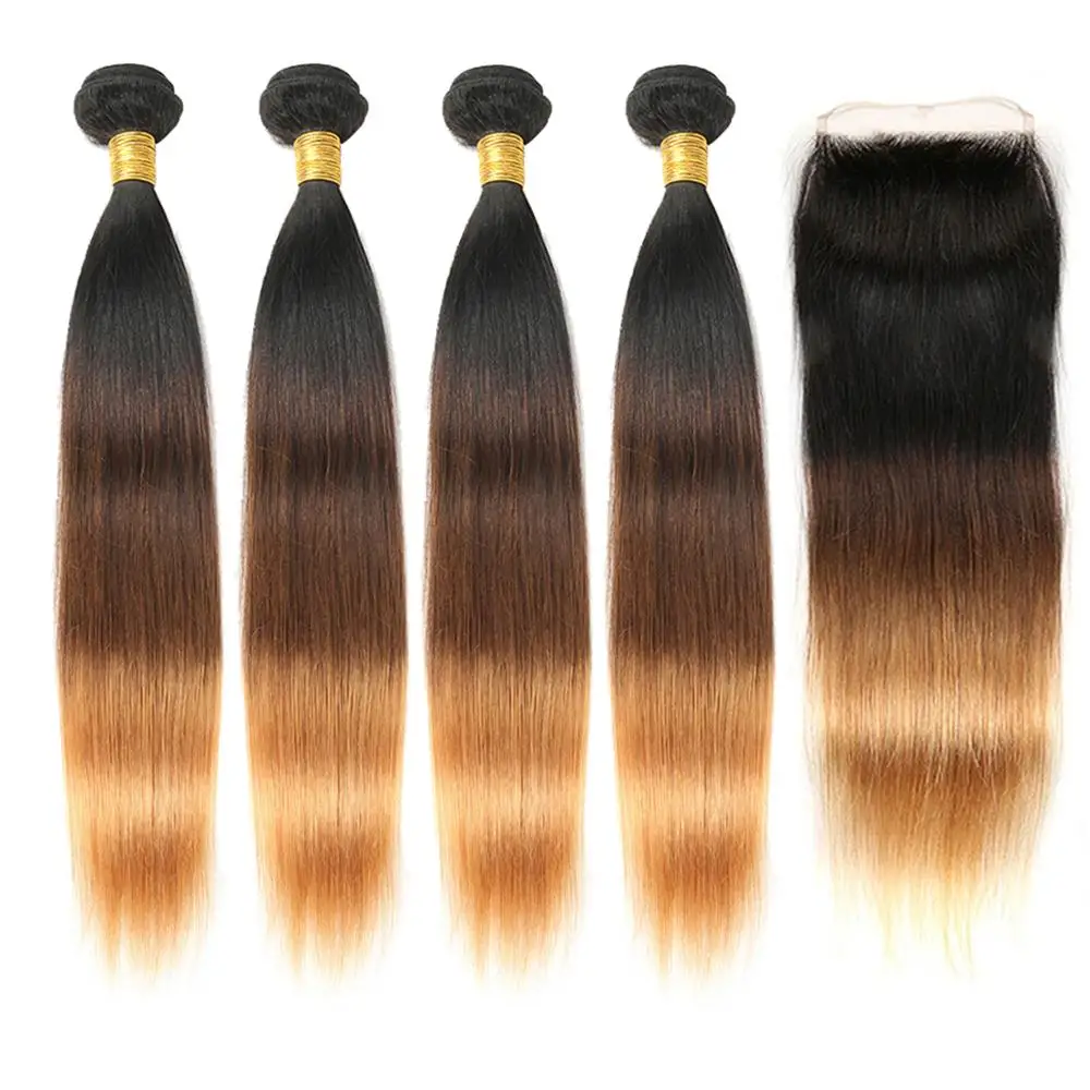 Бразильские волосы Remy плетение пучки с 4x4 закрытие прямые Омбре закрытием