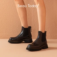beautoday ankle boots chelsea women cow leather platform round toe elastic band back zipper ladies shoes handmade 03568