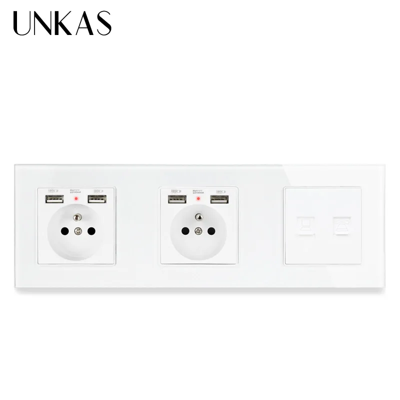 

Двойная французская стандартная розетка UNKAS со стеклянной панелью и 4 USB-портами для зарядки + телефонный разъем RJ11, разъем для интернет-комп...