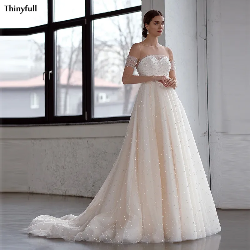 

Женское свадебное платье в стиле бохо Thinyfull, платье цвета шампанского с жемчугом и бусинами, Пляжное платье с длинным рукавом для вечеринки