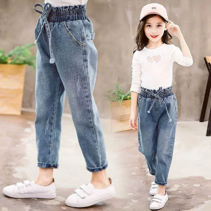 Джинсы для девочек 3 11 лет Детские рваные джинсы детские джинсовые штаны длинные