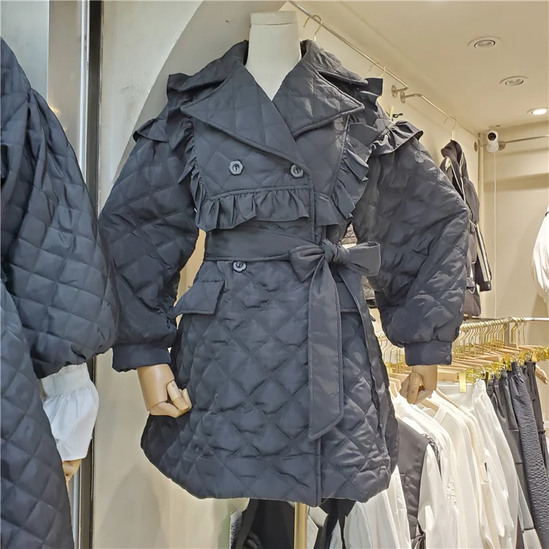 

SeeBeautiful Ruffles Spliced Loose Thick Coat Lapel Long Sleeve Double Breasted Belt Warm New Fashion 2021 Winter Women G798
