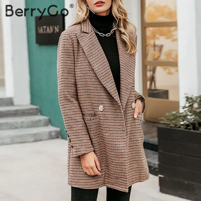 BerryGo винтажные клетчатые пиджаки женские элегантные для офиса девушек Осень зима