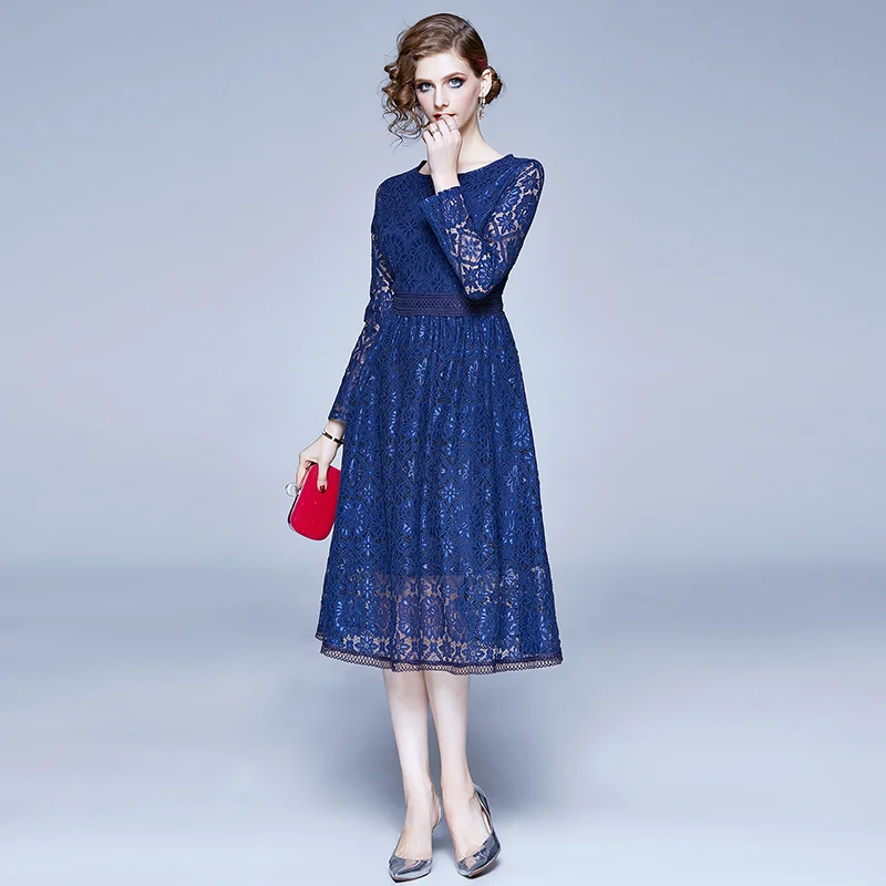 

2020 New Spring Autumn Women Long Sleeve Dress High Quality Floral Hollow Out Blue Lace Dress Elegant Slim Vintage Dress
