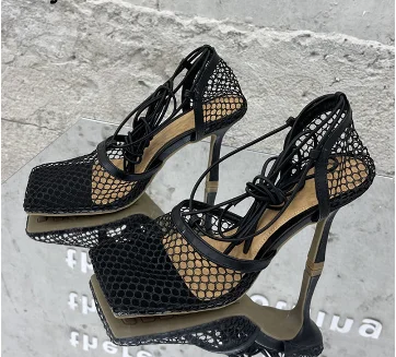 

Runway Net Mesh Thin High Heel Sandals Women Square Toe Ankle Strappy Gladiator Sandalias Summer Sexy Party Nightclub Shoes 2021