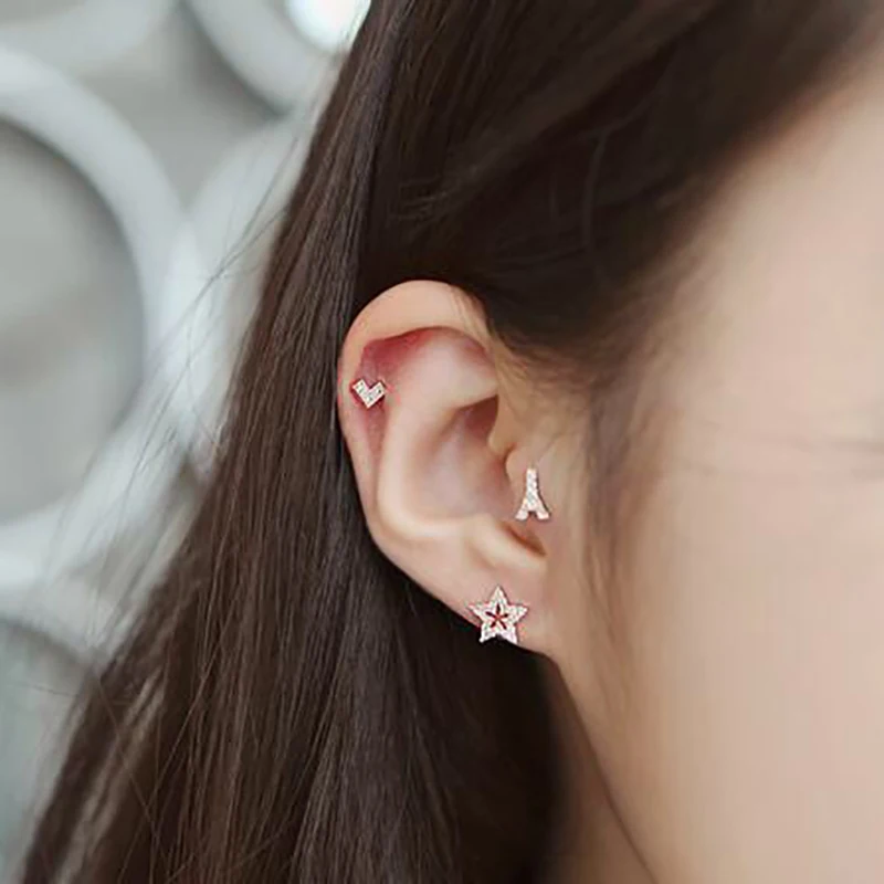 Женские серьги гвоздики с сердечками железной башней и звездами маленькие