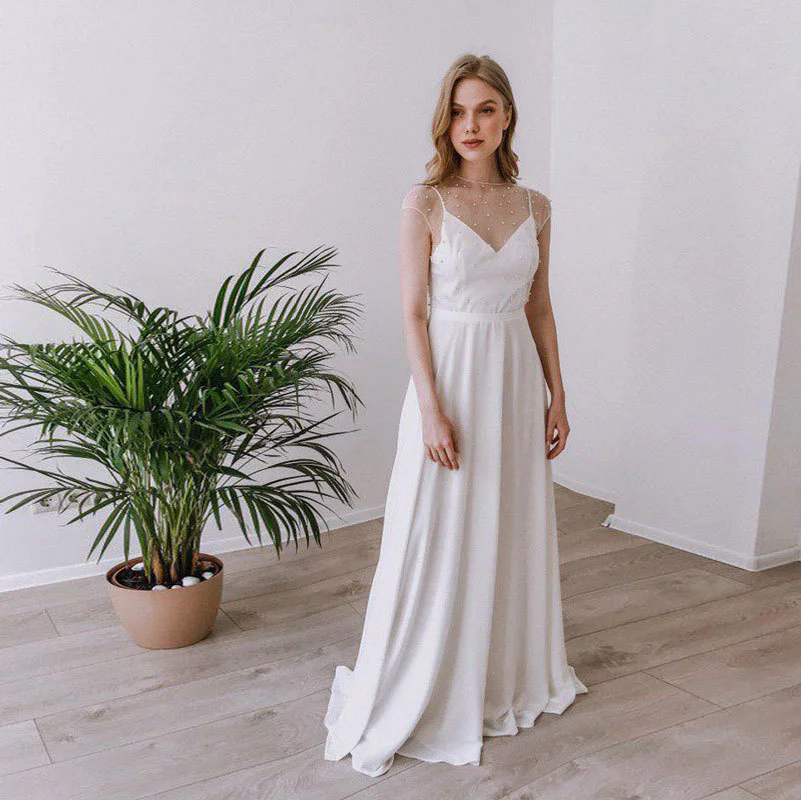 

Wedding Dress Round Neck Pearl Mesh Gauze Thin Retro Beige Belt Sexy Wedding Dress Evening Dress