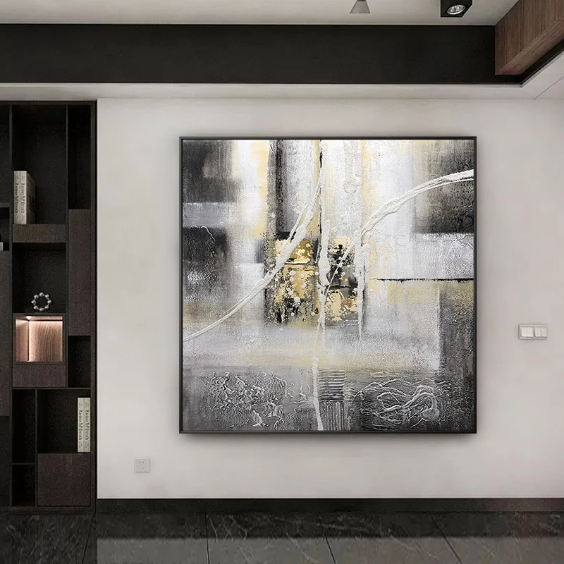 

Pure hand-painted Oil Paintings Decorated In A Modern Scandinavian Style Abstract Square After Painting Murals Gold Light Luxury