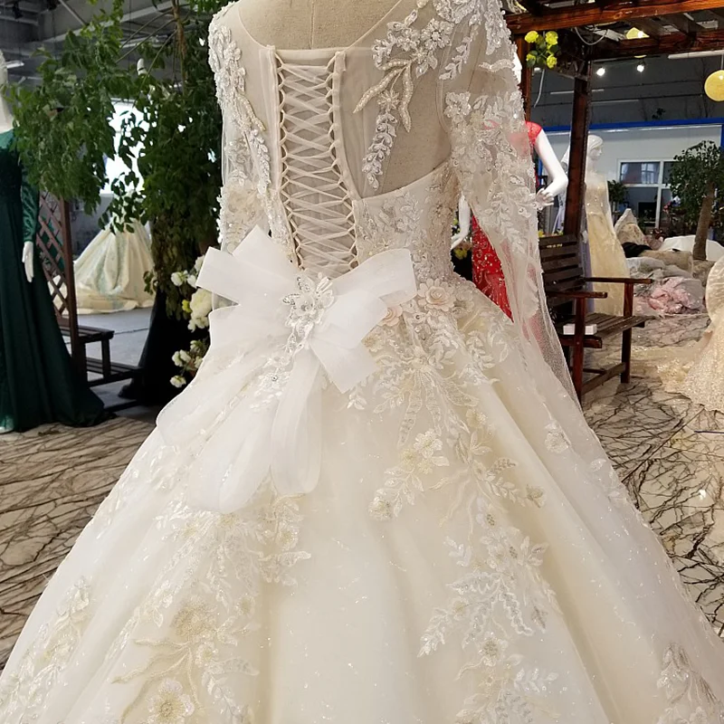 

LS36550 long sleeve wedding dress 2020 o-neck appliques organza A-line bridal dress wedding long train vestido de noiva simples