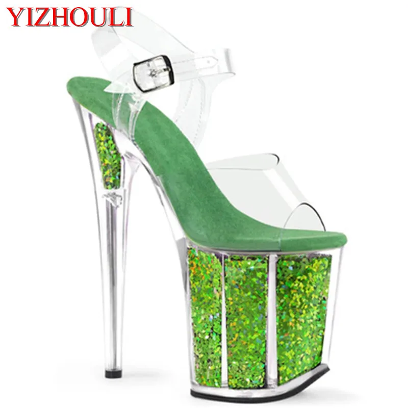 

Stage model training sexy transparent green sequins 20 cm stiletto heels, 8 inch nightclub stiletto sandals