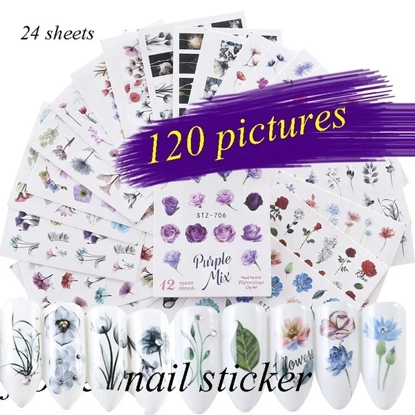 

24 Sheets/Set Nail art watercolor flower world plant sticker set