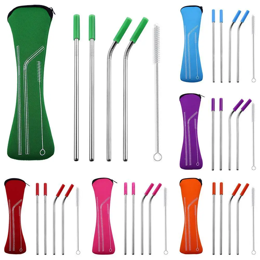 

New 4Pcs Reusable Silicone Tips Cover Stainless Steel Straight Bent Drinking Straws With Bag Brush Bar Drinkware Accessories
