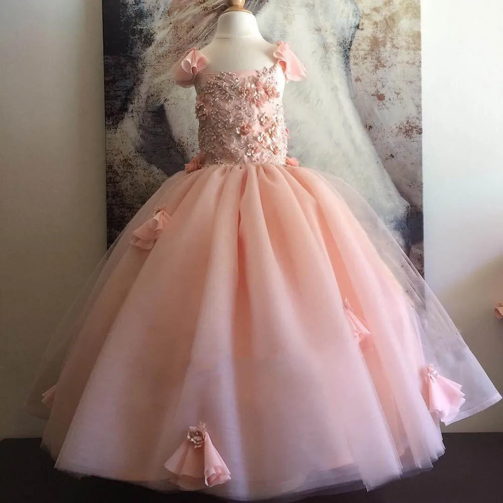 

Flower Girl Dress Party Ball Gown Applique Pearls Pageant Sleeveless Crystal Floor Length Custom Made Kids Formal Wear