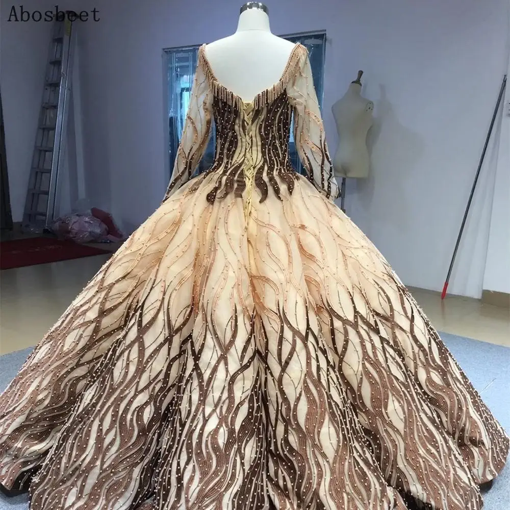DD JYOY Luxury Ball Gown Evening Dress Long Sleeve Pearls Beading Elegant Prom Party Women Gown Lace Up Brown