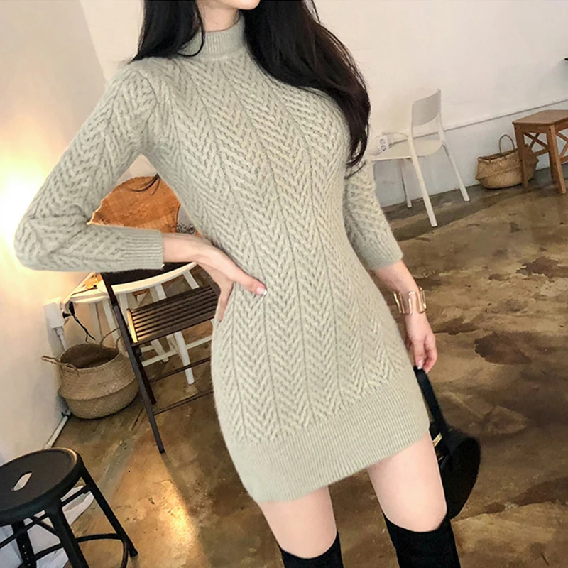 GALCAUR минималистичные белые корейские платья женские длинные рукава водолазка