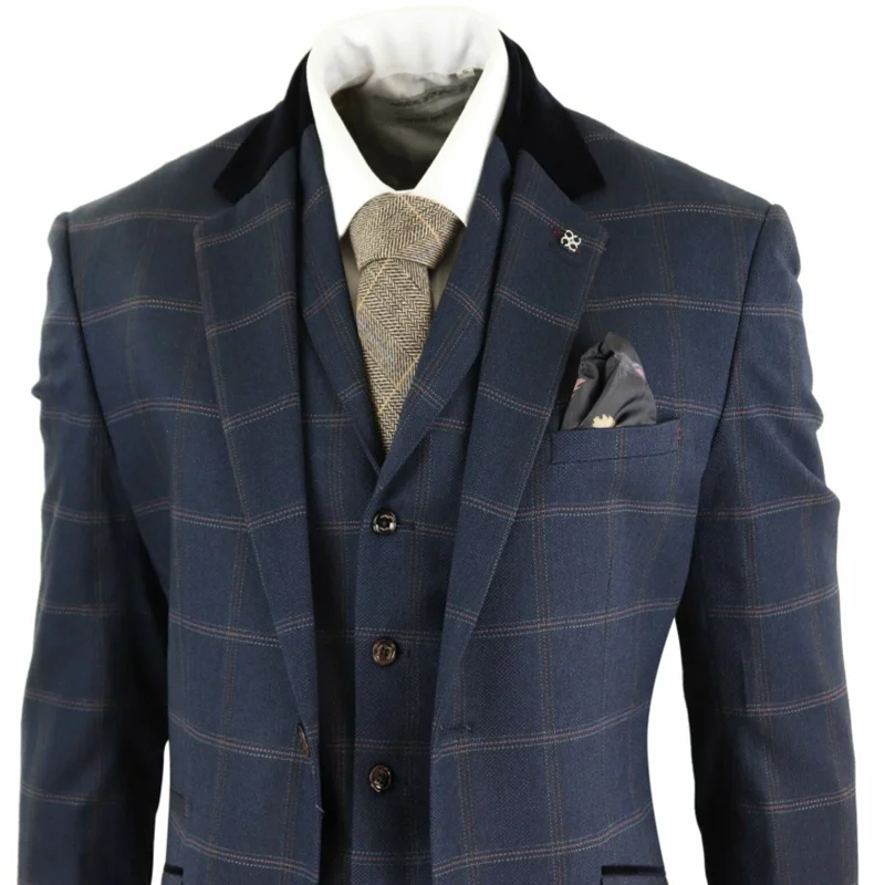 

Navy Blue Mens Suits Herringbone Tweed Check 3 Piece Vintage Suit Peaky Blinders Tan Terno Masculino