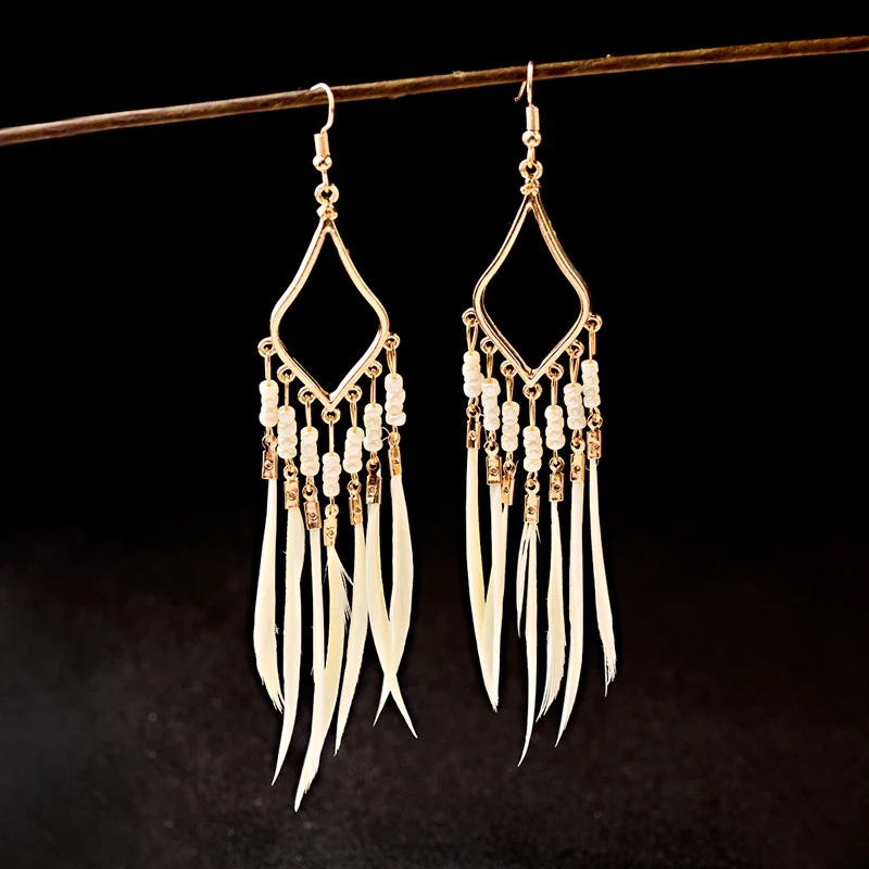 2019 летние богемные Бохо перо Длинные серьги с кисточками для женщин ручной