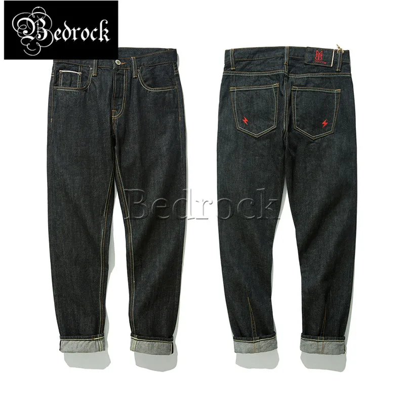 MBBCAR 13oz Vintage Heavy Unwashed Black Raw Denim Jeans for Men One Washed Slim Pencil Pants Lightning Embroidery 718A