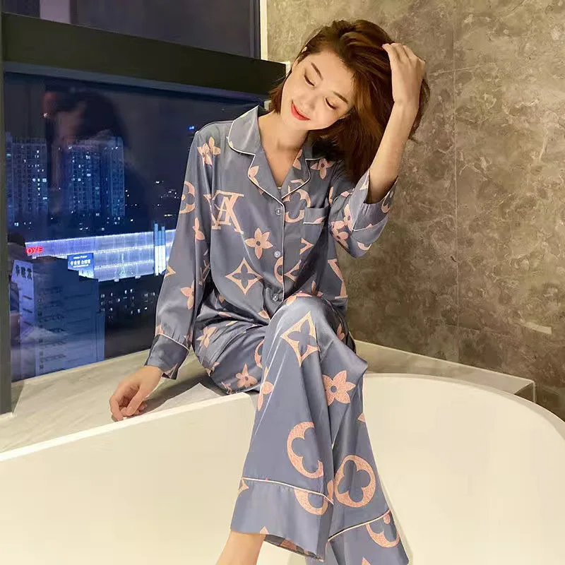 Women's Pajamas Ice Silk Long-sleeved Trousers Cardigan Suit Cute and Sweet Loose Plus Size Home Service Sexy Pjs Sleepwear