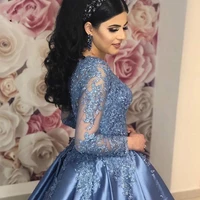 vintage blue muslim prom dresses lace beads with full sleeves puffy ball gown for wedding saudi arabic long formal evening dress