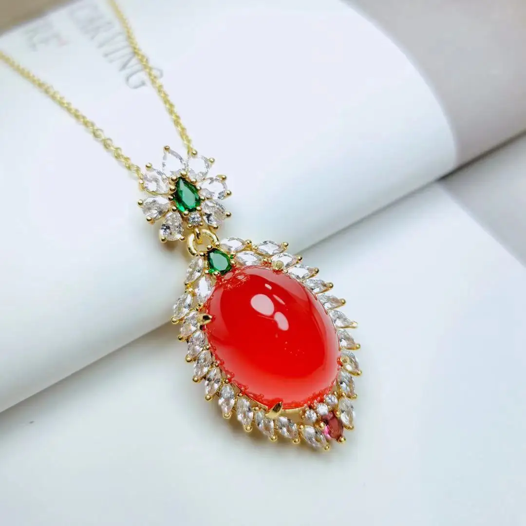 

100% Natural Ice Red Carnelian Inlaid Red Chalcedony 925 Silver Pendant Necklace Women Jades Stone Amulet Gifts Charms Jewellery