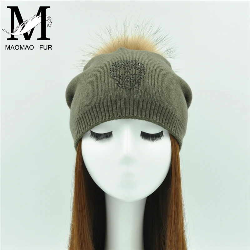 Real Fur Winter Hat Raccoon Fur Pom Pom Hats Shining Rhinestone For Women Brand Thick Women Hat Wholesale Knitted Beanies Cap