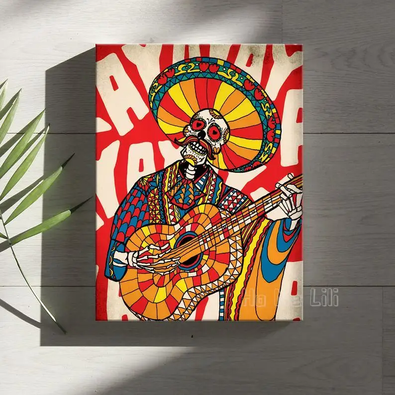 Печать на холсте Mariachi с изображением сахарного черепа настенное искусство