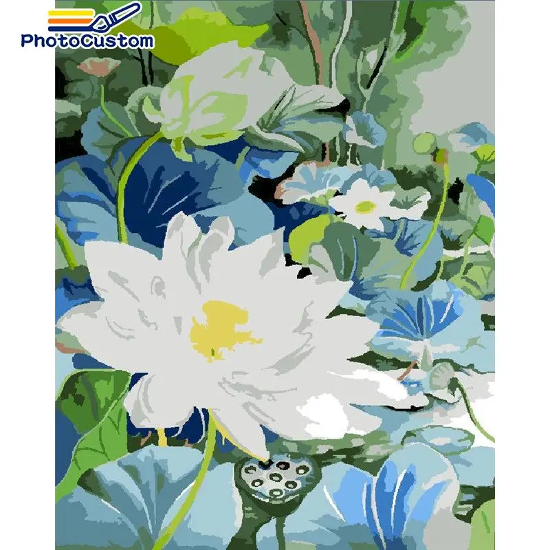 

PhotoCustom Oil Paint By Number White lotus Flowers Art Diy Gift on Canvas DIY Pictures By Numbers Kits Drawing Canvas Pictures