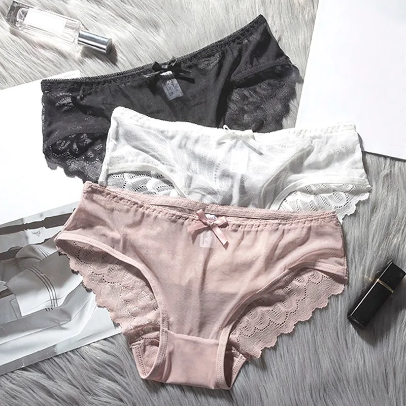 Сексуальные кружевные однотонные трусики женские ультратонкие полые с бантом