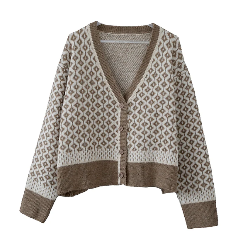 

Elegant Lady Knitted Sweater Cardigan V-Neck Plaid Loose Long-Sleeved Casual All Match Female Outwear Coats Tops