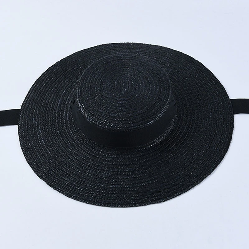 

Wide Brim Boater Hat 10cm 15cm Brim Straw Hat Flat Women Summer Kentucky Derby Hat White Black Ribbon Tie Sun Hat Beach Cap
