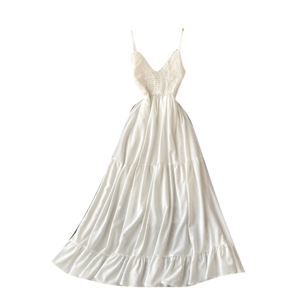 

Women White Knitted Sling Dress Summer Beach Holiday Sexy Bandage Backless Long Dresses Fashion Party Gown Female Clothes 2021