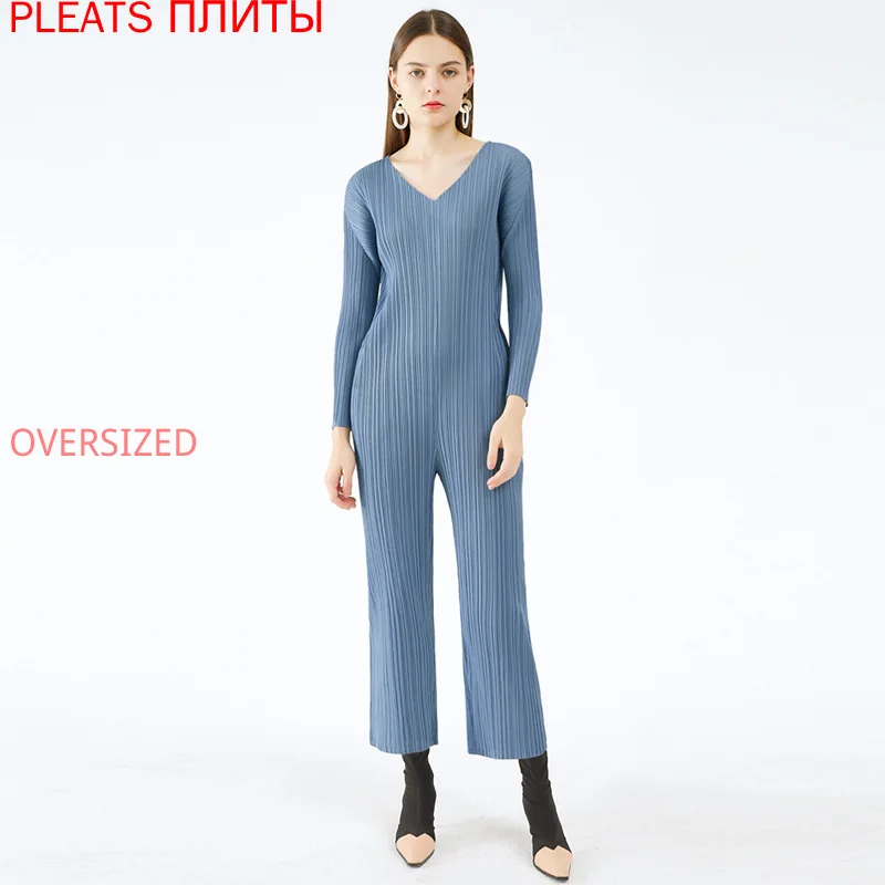 

Autumn New Japanese Designer V-neck Pleated Jumpsuit High Waist Wide Leg Loose Slim Casual Pants Women MIYAKE Pleats Jumpsuit