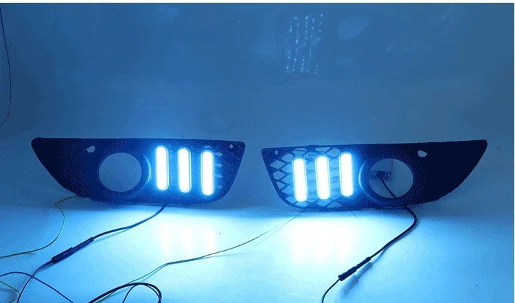 eOsuns led drl daytime running light +fog lamp for Mitsubishi Lancer-ex 2010-2012 with yellow turn signals and blue night |
