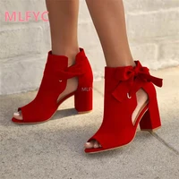 summer new temperament high heeled sandals fish mouth side empty bow knot thick heel ladies plus size sandals