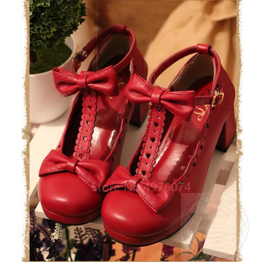 

Shoes 2021 New Anime Cosplay Lolita Japanese Kawaii Girls Sweet Round Head Shoes High Heels for Women Bowknot Princess Mary Jane