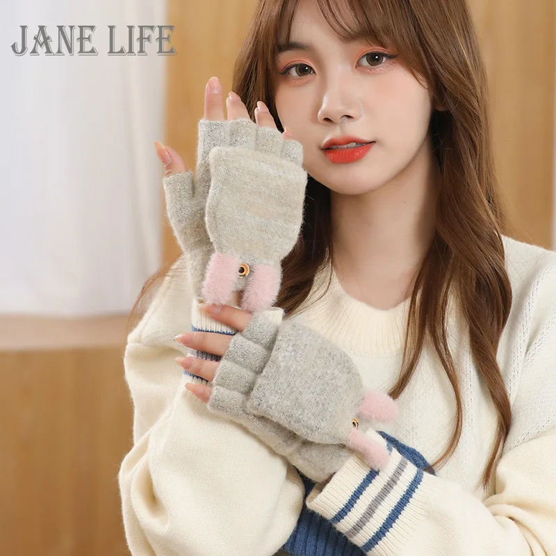 

Gloves Women Winter Knitted Flip Fingerless Thick Faux Fur Cute Hand Warmer Glove Exposed Finger Female Young Students G066