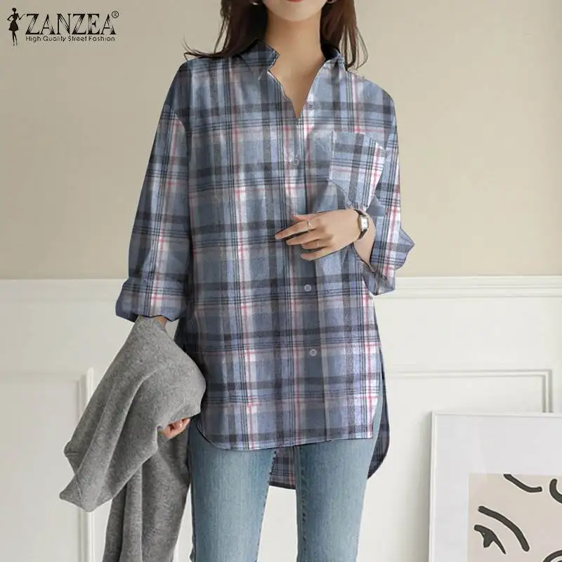 

Spring Autumn Oversized Blouse Women Fashion Plaid Check Tops ZANZEA Irregular Hem Shirt Lady Casual Lapel Blusas High Low Tunic